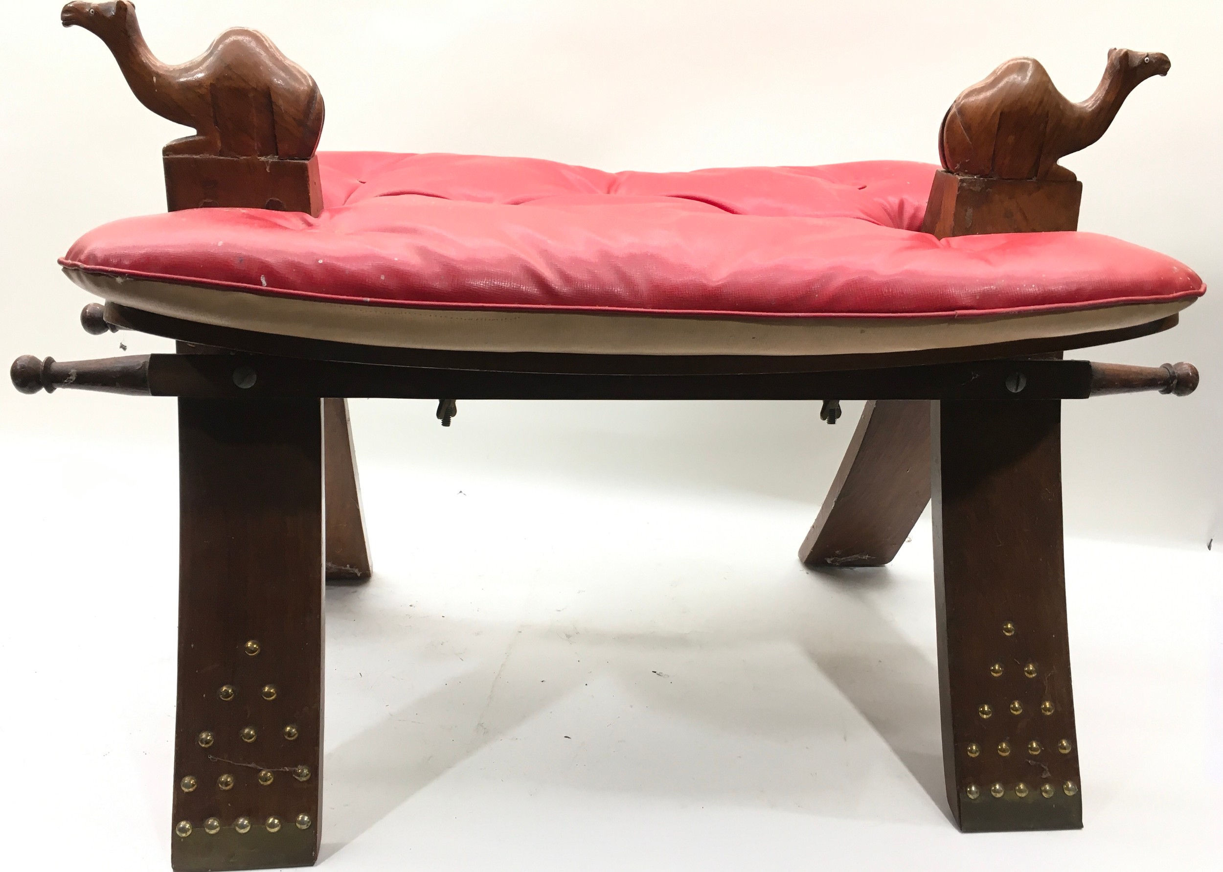 Vintage large Arabian / Middle Eastern Camel Stool. Wooden base with brass studded decoration and - Image 3 of 3