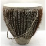 Large animal skin tribal drum. Approx 43cm tall