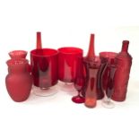 Collection of twelve pieces of ruby red coloured glassware to include vases.