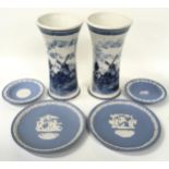 Pair of blue and white Delft vases each 21cm tall together with four Wedgwood Jasperware dishes.