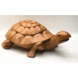 Large solid wood carved figure of a tortoise 50cm across x15cm tall