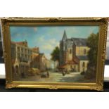 Gilt frame oil on canvas depicting a medieval town scene signed "E Thaulow" 105x75cm