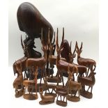 Large collection of carved wood antelopes and gazelles, 15 in all. largest is 47cm tall