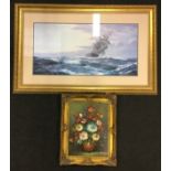 Gilt frame oil on board still life "Flowers" signed to R/H together a sailing ship print