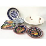 Collection of continental pottery to include Falcon Ware washbowl.