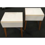 2 x White top drop leaf kitchen serving tables on tapered supports 75x90x60cm max