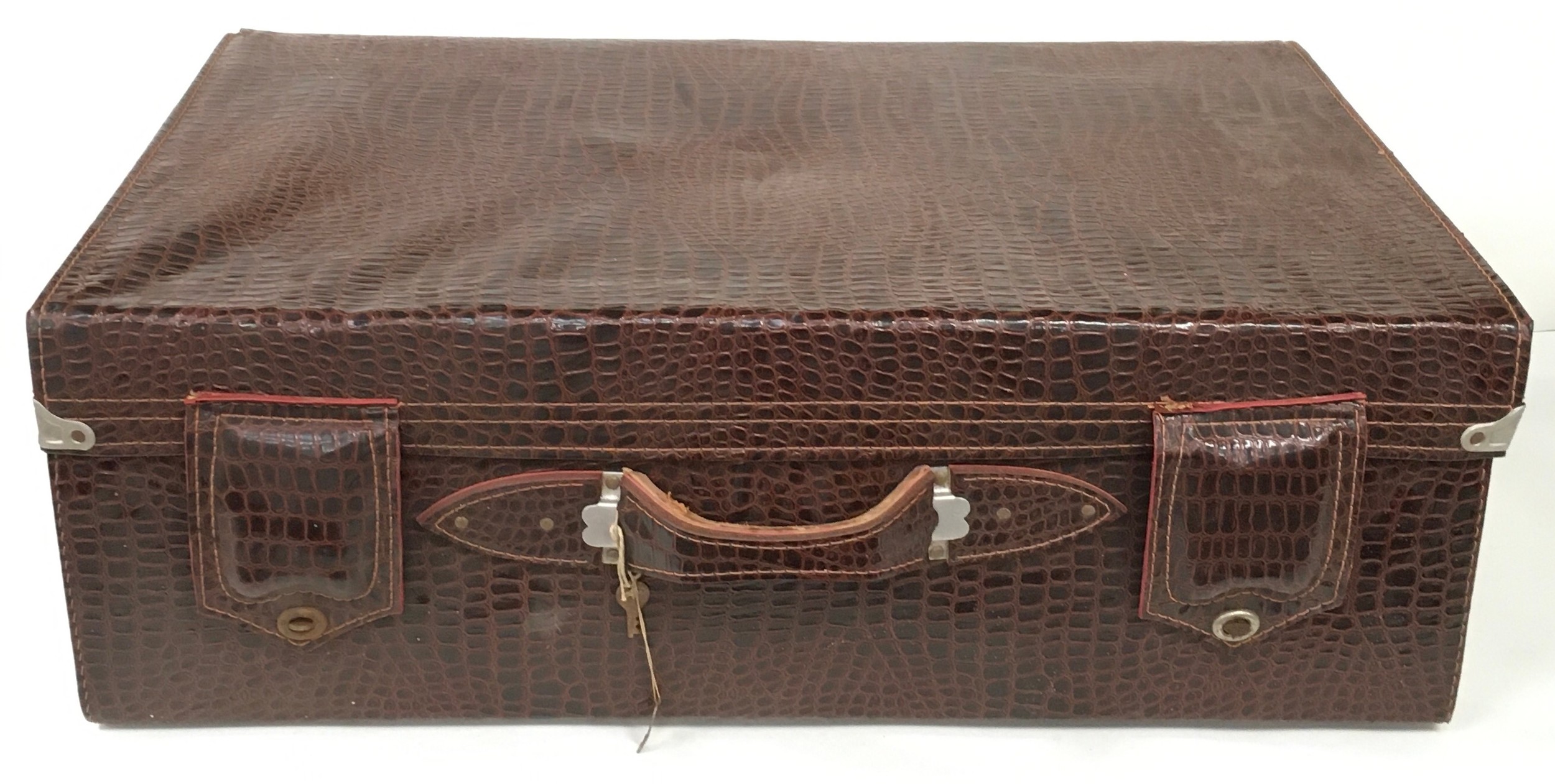 Large vintage faux crocodile skin suitcase with keys 80x48x28cm.