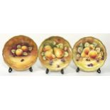 Coalport three hand painted and signed bone china fruit and gold cabinet plates each 27cm diameter.