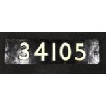 Steam locomotive smokebox numberplate from the West Country Class No.34105 Swanage. Quality