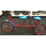 Rare three wheel child's tandem bicycle with twin chain driven and solid rubber tires