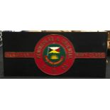 Merchant Navy Class Purpose Made Replacement cast iron train plate mounted on wooden board 184x77cm.