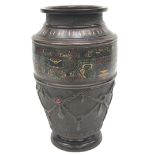 Antique heavily carved bronze vase of Neo Classical design with Polychrome decoration, oriental