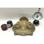 Mixed lot to include antique brass desk tidy. a desk ball clock and a minim measure medicine glass