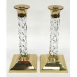Pair "Waterford Crystal" glass candle sticks with gilt bases and tops 28cm tall