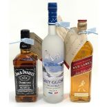 3 x bottles of alcohol Grey goose vodka, Jack Daniels,Red label whisky (ref 30,34,36)