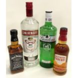 4 x Bottles alcohol Smirnoff, Gordons, Jack Daniels and Southern comfort (ref 81,87,97,78)