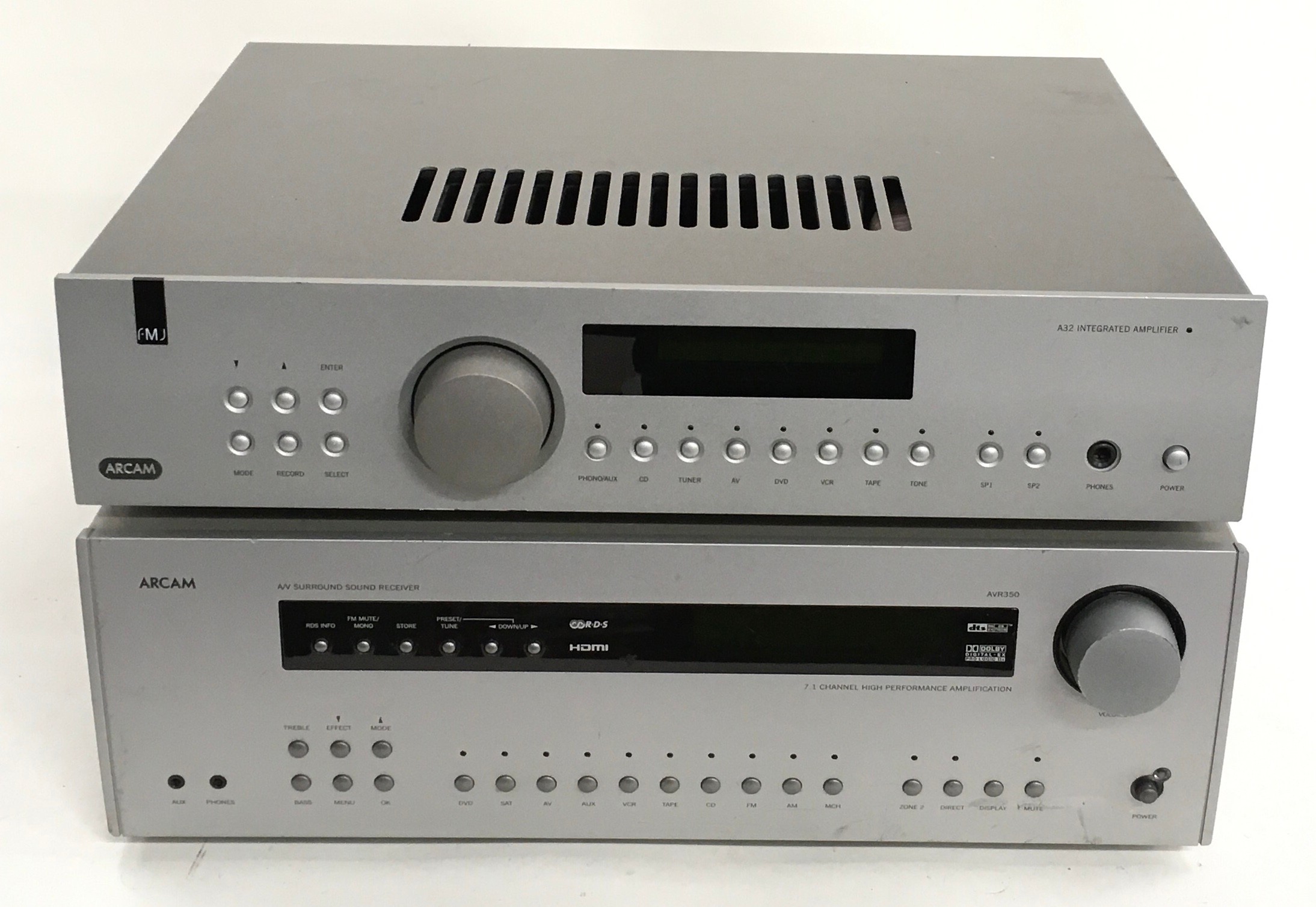 Arcam separates; AV surround sound receiver AVR350 and A32 integrated amplifier. (W55)