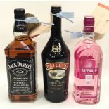 3 x bottles of alcohol Gin, Jack Daniels, Baileys, (ref 32,35,38,)