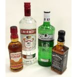 4 x Bottles alcohol Smirnoff, Gordons, Jack Daniels and Southern comfort (ref 81,87,97,78)