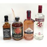 4 x bottles alcohol Smirnoff, Gin, Jack Daniels, Duppe Rum, (ref 39,88,145,87)