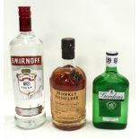 3 x bottles of alcohol Snirnoff, Gin, Monkey shoulder malt whisky, (ref95,96,116)