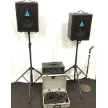 PA SYSTEM. To include 2 x speakers plus stands - Amplifier - Microphone plus stand and collection of