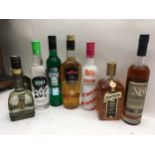 7 various bottles of alcohol.