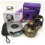 Roku premier TV screening set, Airstar compact disc player, LED floodlight and Neofiton pottery (ref