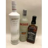 Smirnoff white vodka 1L, 700ml Jack Daniels and 70cl Archers peach schnapps (4)