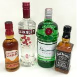 4 x Bottles alcohol Smirnoff, Gordons, Jack Daniels and Southern comfort (ref 81,87, 88, 145)