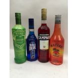 Bottle of Bols blue curacao, Smirnoff green apple ltd edition, Campari and mango Malibu. (22)