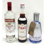 3 x bottles of alcohol Smirnoff, Gin, Pimms,ref66,96,138)
