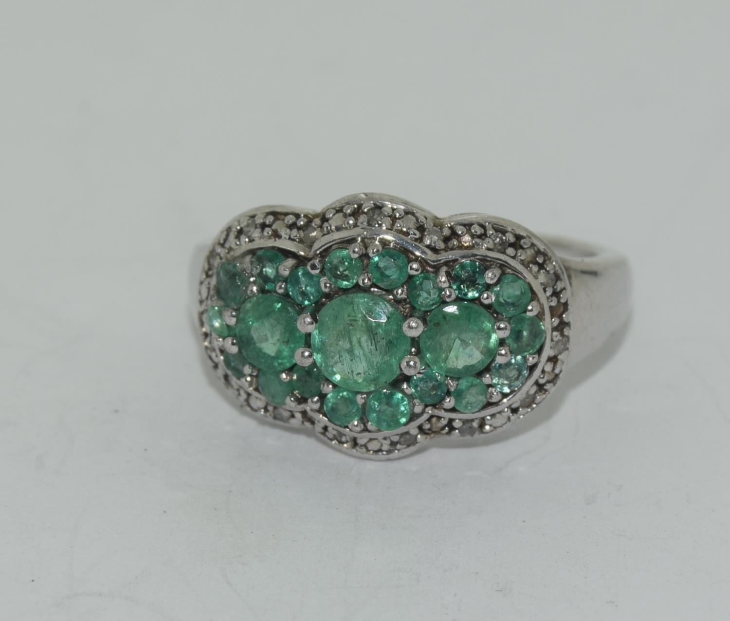 Emerald accent diamond cluster 925 silver ring Size O