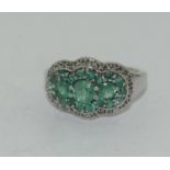 Emerald accent diamond cluster 925 silver ring Size O