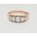 Fire opal 5 stone set between 8 seed pearls set in 9ct gold fully hallmarked ring, Size R, Boxed.