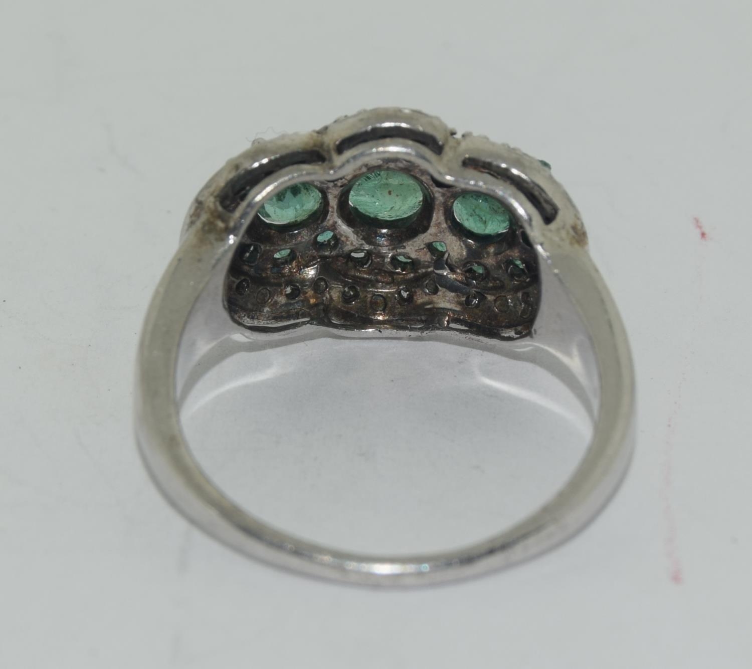 Emerald accent diamond cluster 925 silver ring Size O - Image 3 of 3