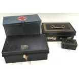 Collection of four metal tins to include cash boxes and a medical tin. Some keys included.