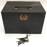 Antique Edwardian lockable strong box with key 30x22x20cm.
