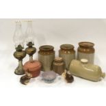 Salt glass storage jars ,oil lamps and other misc items