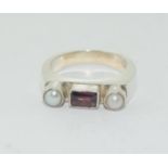 Garnet seed pearl solid 925 silver bar ring Size P 1/2.