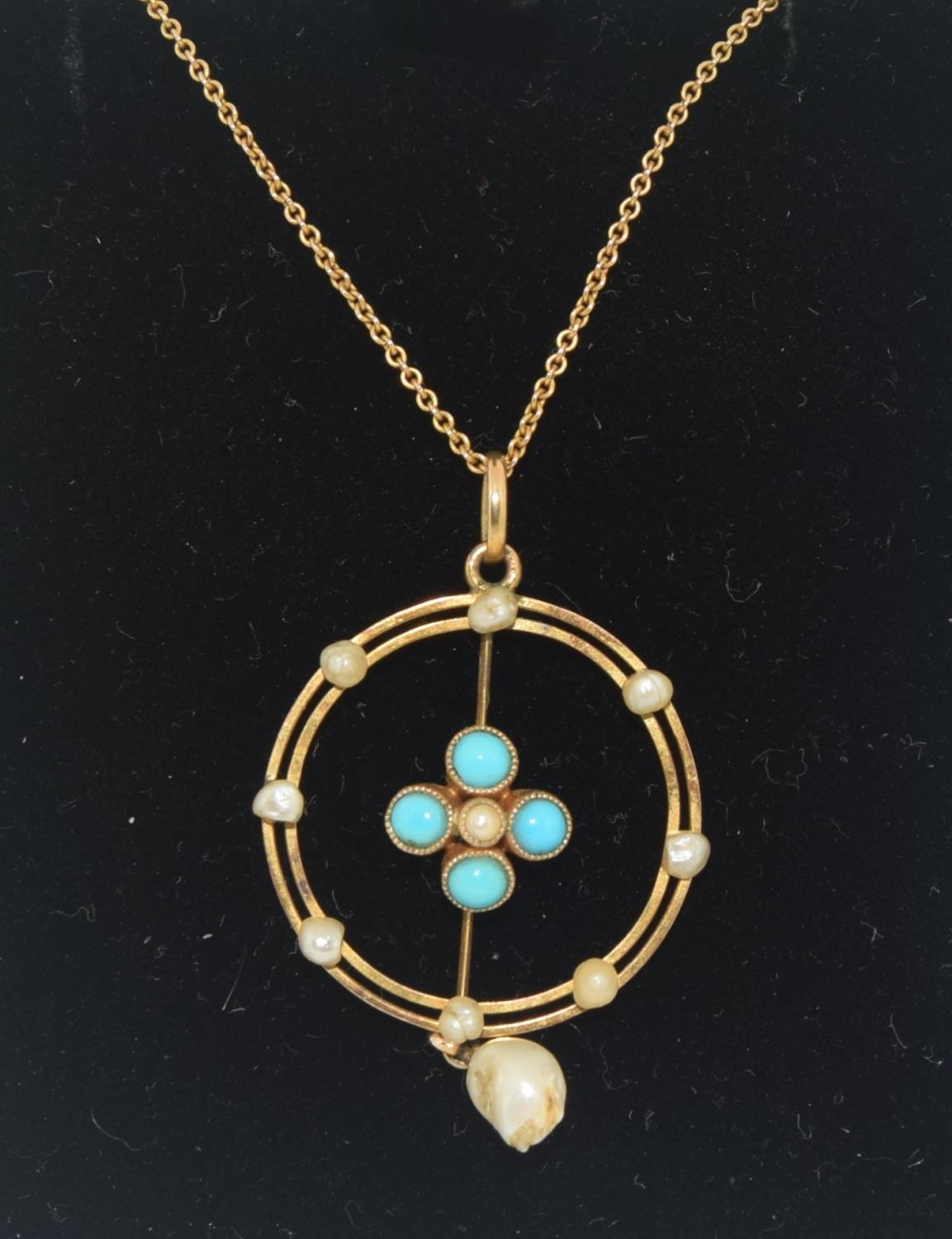 Victorian/Edwardian turquoise 9ct gold pendant on 9ct gold chain.