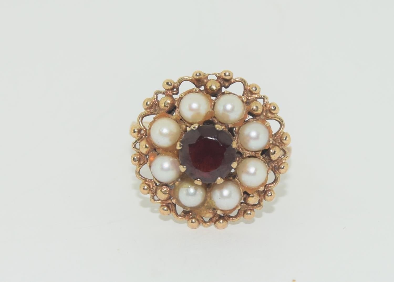 9ct gold ladies antique set garnet and pearl cluster ring size N