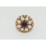 9ct gold ladies antique set garnet and pearl cluster ring size N