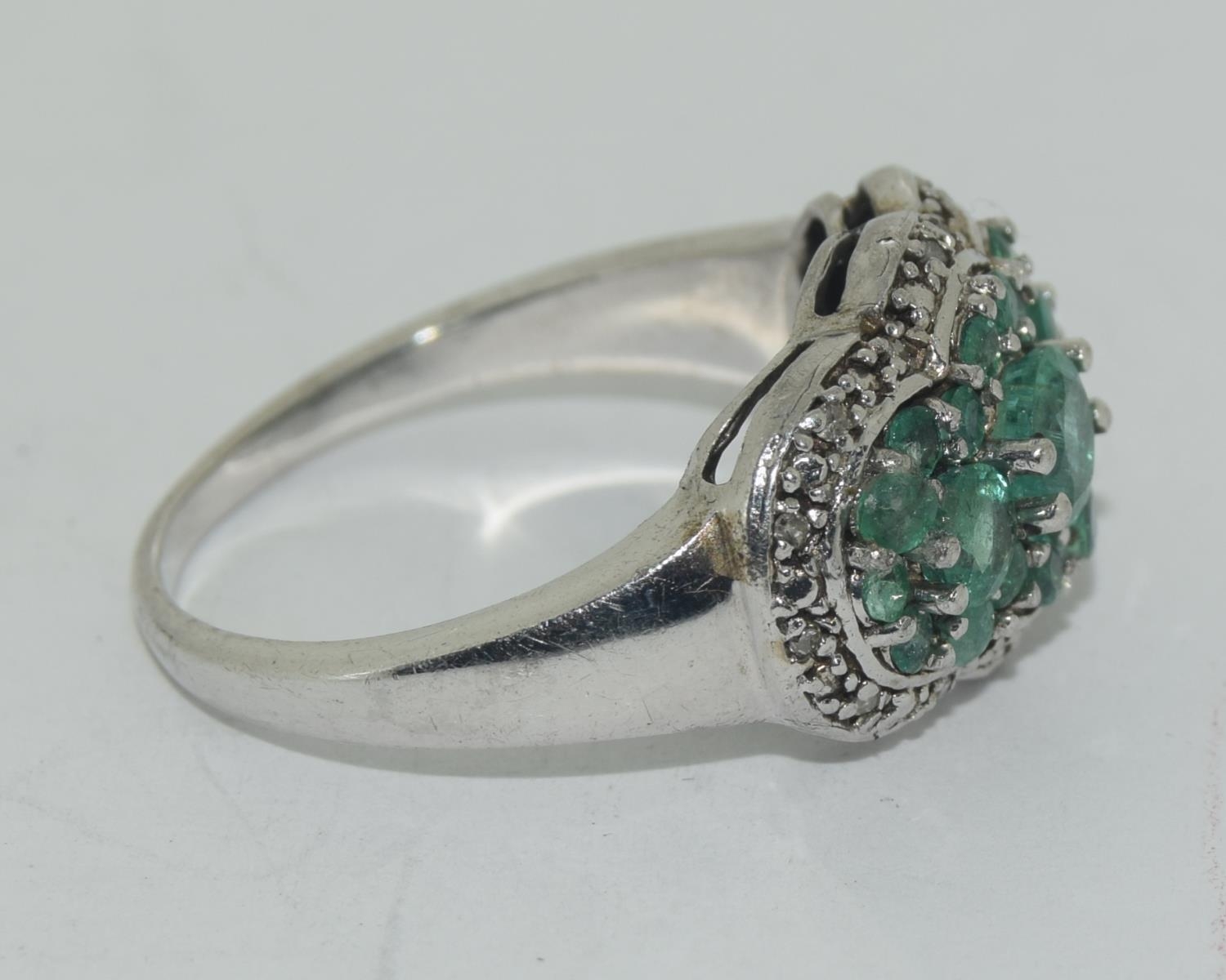 Emerald accent diamond cluster 925 silver ring Size O - Image 2 of 3