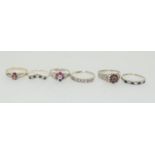 5 x Vintage Garnet/Sapphire sterling silver rings, Size S.