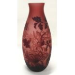 Galle signed floral red glass vase 39cm tall.