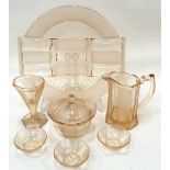 A collection of vintage Art Deco amber coloured dressing table glassware.
