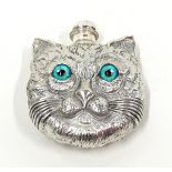 Silver perfume bottle in the form of a cat with Turquoise eyes stamped 800