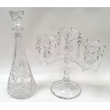Glass table center candelabra together a glass decanter