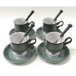 Set of 4 "Denby" coffee cans and saucers with matching ceramic spoons